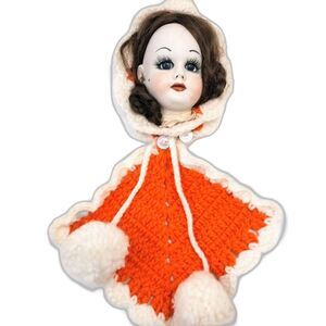 Vintage  Porcelain Doll Head Wall Hanging With Orange Crochet #A007